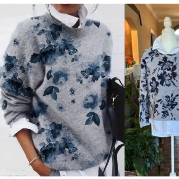Cynthia Rowley gray with navy florals crew neck sweater size M - Picture 1 of 13